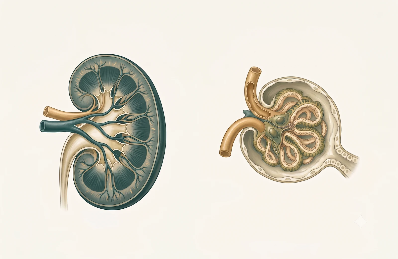 Ilustración anatómica del riñón y del glomérulo con sus estructuras